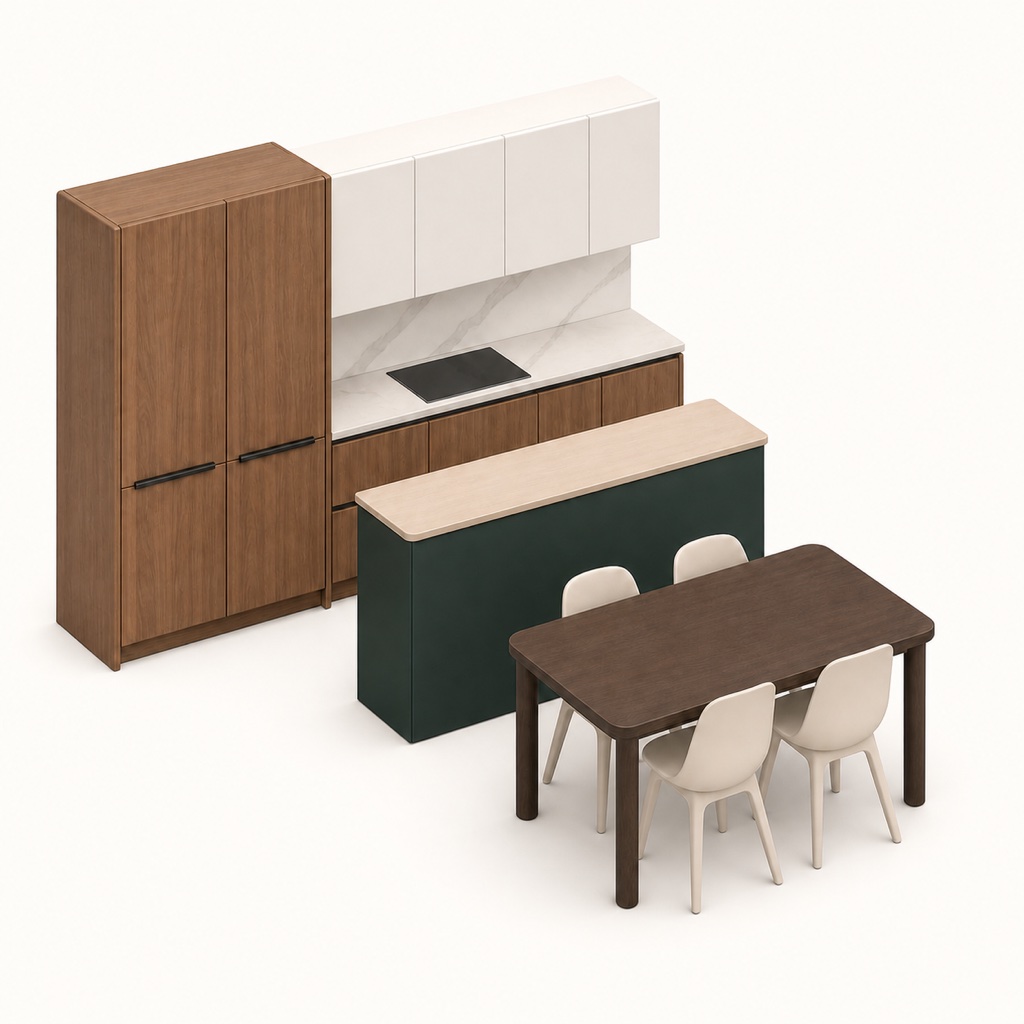 La cocina y la mesa del comedor del piso
